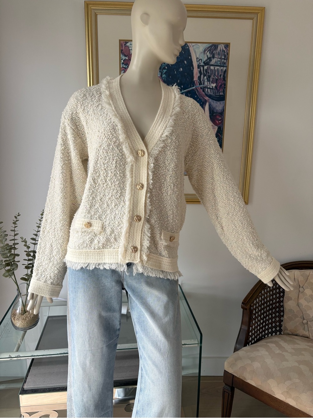 ESQUALO Cream Bouclé Button-Up Cardigan